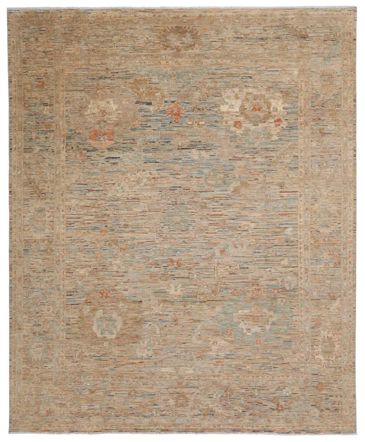 Ockerfarbener Orientteppich mit blauen Blütenakzenten, 301 × 245 cm, Gesamtansicht