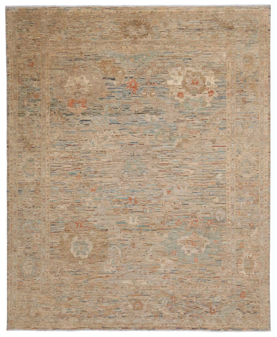 Ochre Afghan Rug with Blue Floral Accents, 301 × 245 cm, overall view.