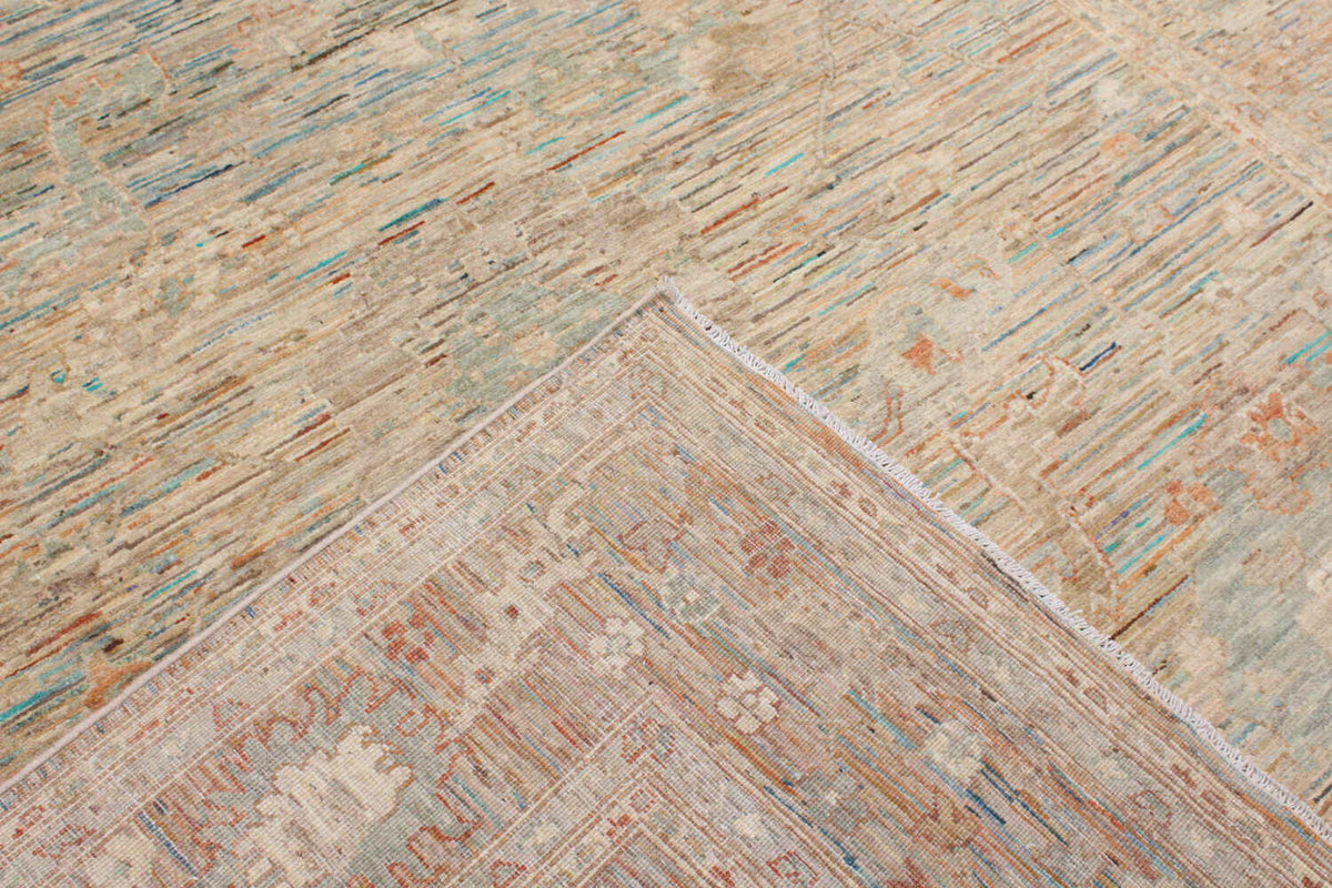 Ockerfarbener Orientteppich mit blauen Blütenakzenten, 301 × 245 cm, weitere Ansicht 8