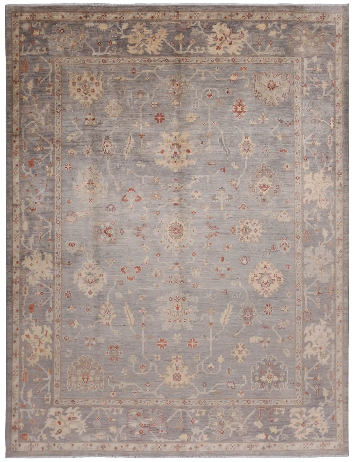 Oushak Rug with Light Flowers & Rust Accents, 395 × 304 cm, overall view.