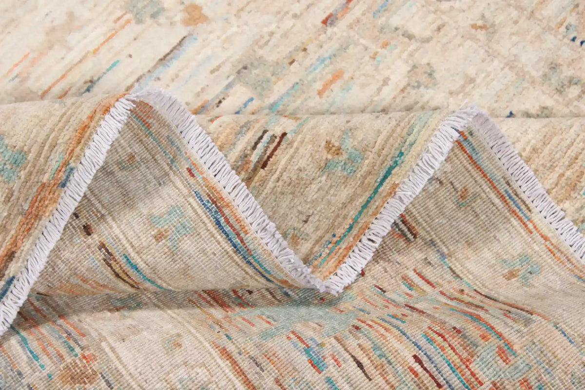 Cream Afghan Rug with Golden Beige Flowers, 356 × 263 cm, view 8.