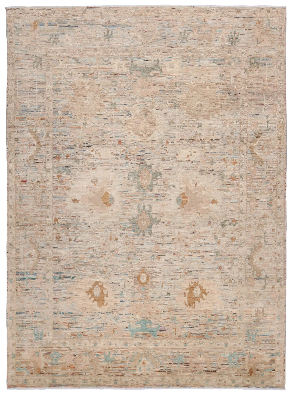 Cream Afghan Rug with Golden Beige Flowers, 356 × 263 cm, overall view.