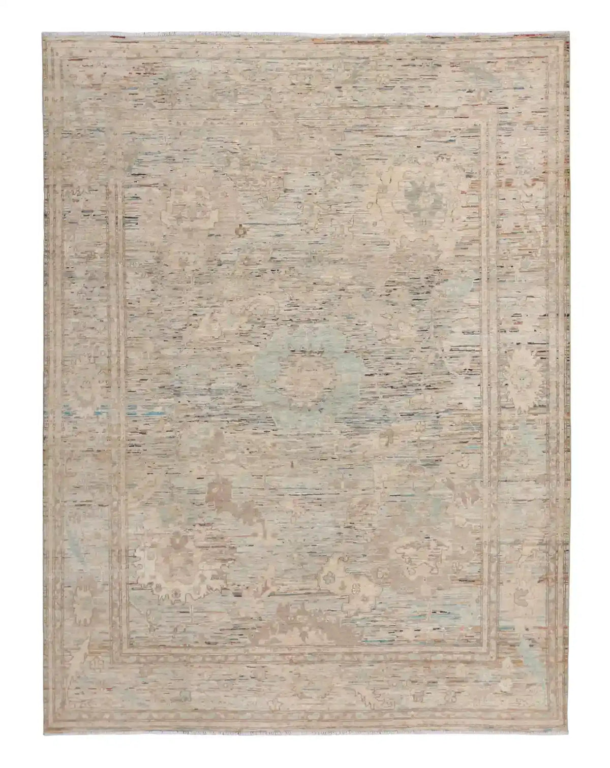 Light Afghan Rug with Blue Rosettes & Border, 297 × 250 cm, overall view.