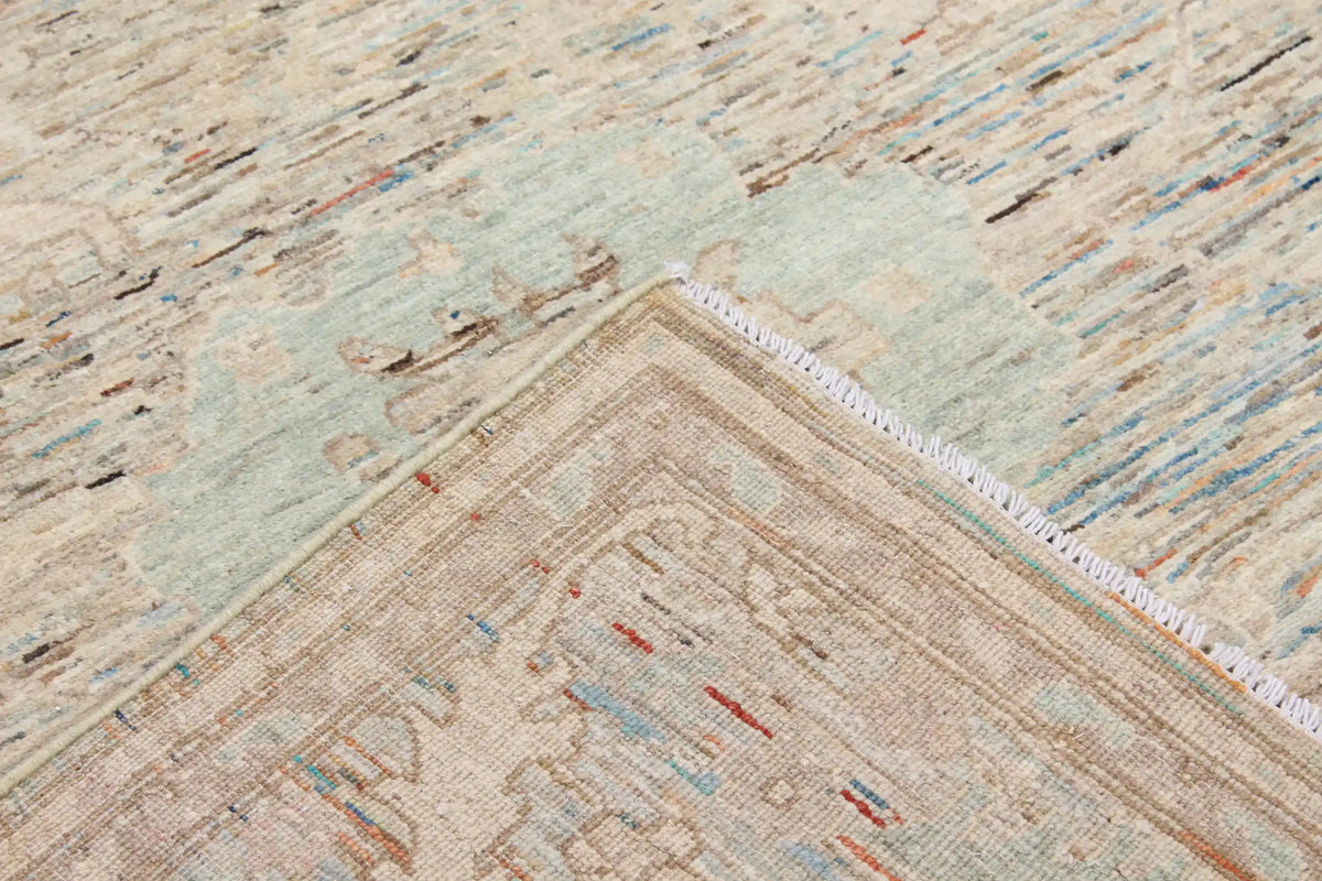 Light Afghan Rug with Blue Rosettes & Border, 297 × 250 cm, view 6.
