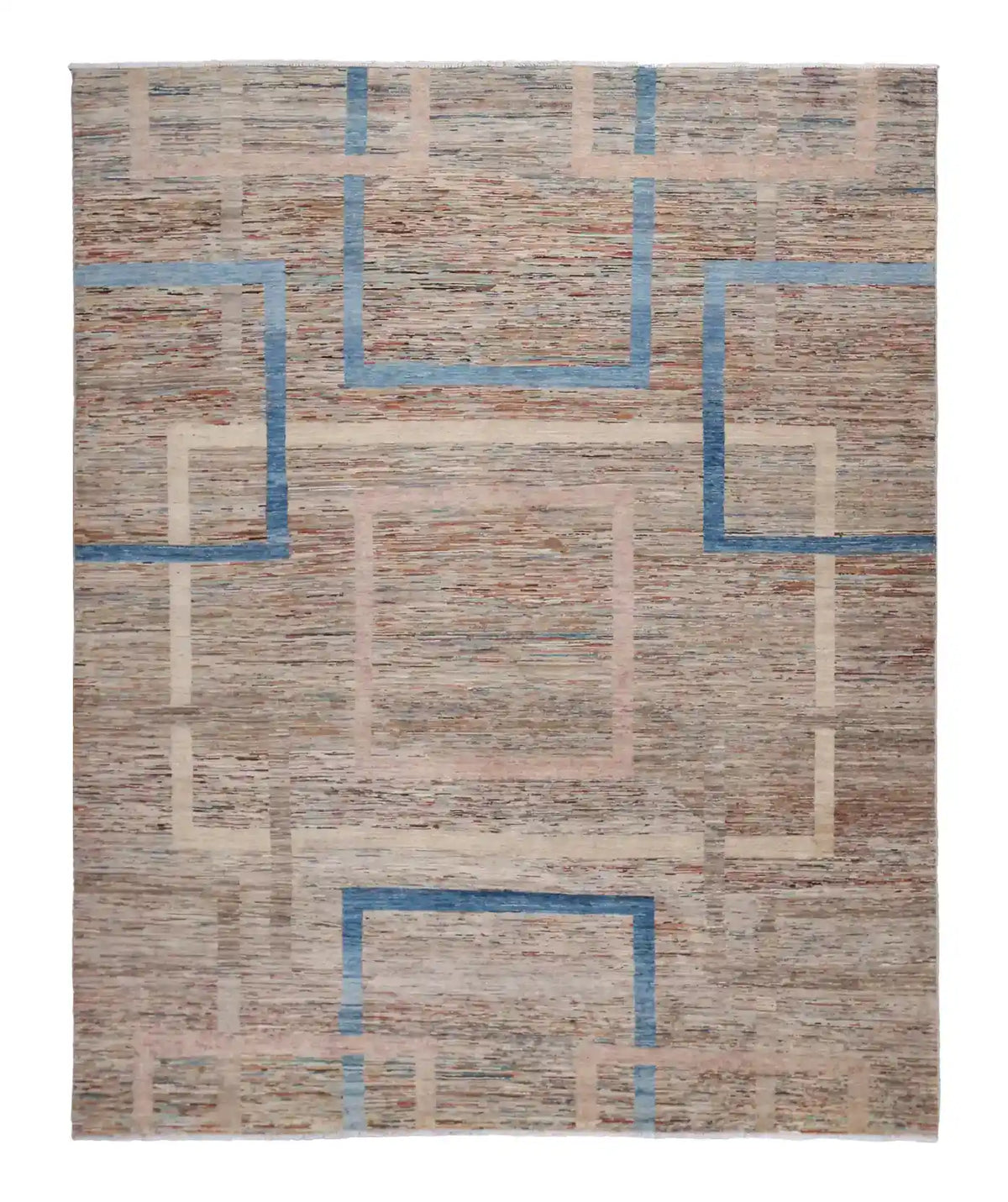 Modern Beige & Blue Afghan Rug with Rectangles, 303 × 250 cm, overall view.