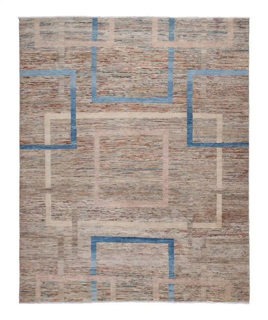 Moderner Orientteppich in Beige und Blau mit Rechtecken, 303 × 250 cm – Gesamtansicht