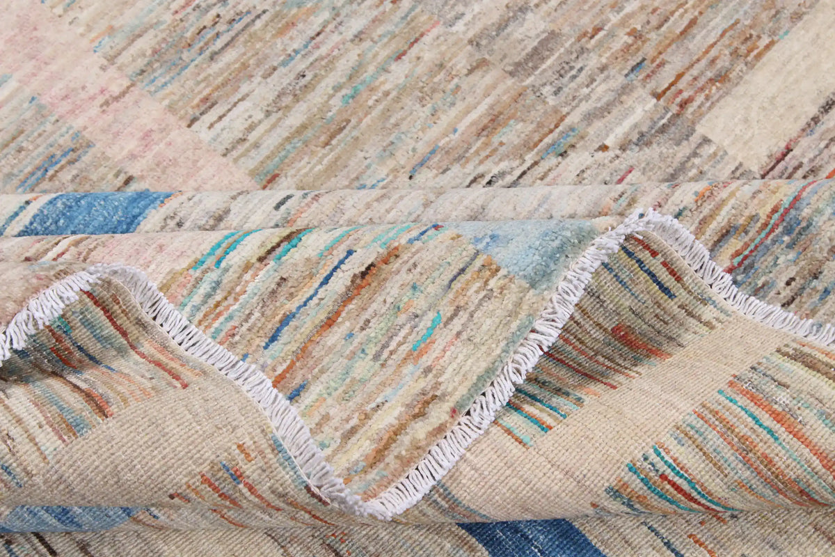 Modern Beige & Blue Afghan Rug with Rectangles, 303 × 250 cm, view 5.