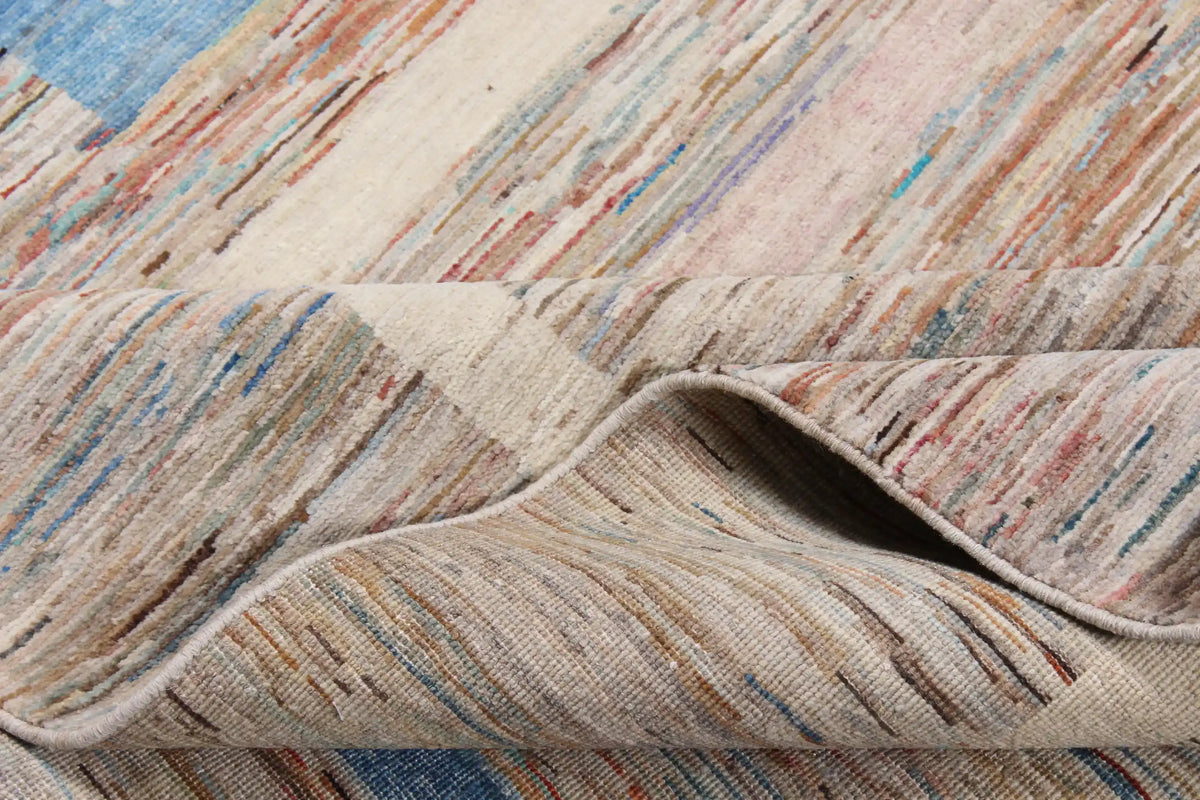 Modern Beige & Blue Afghan Rug with Rectangles, 303 × 250 cm, view 9.