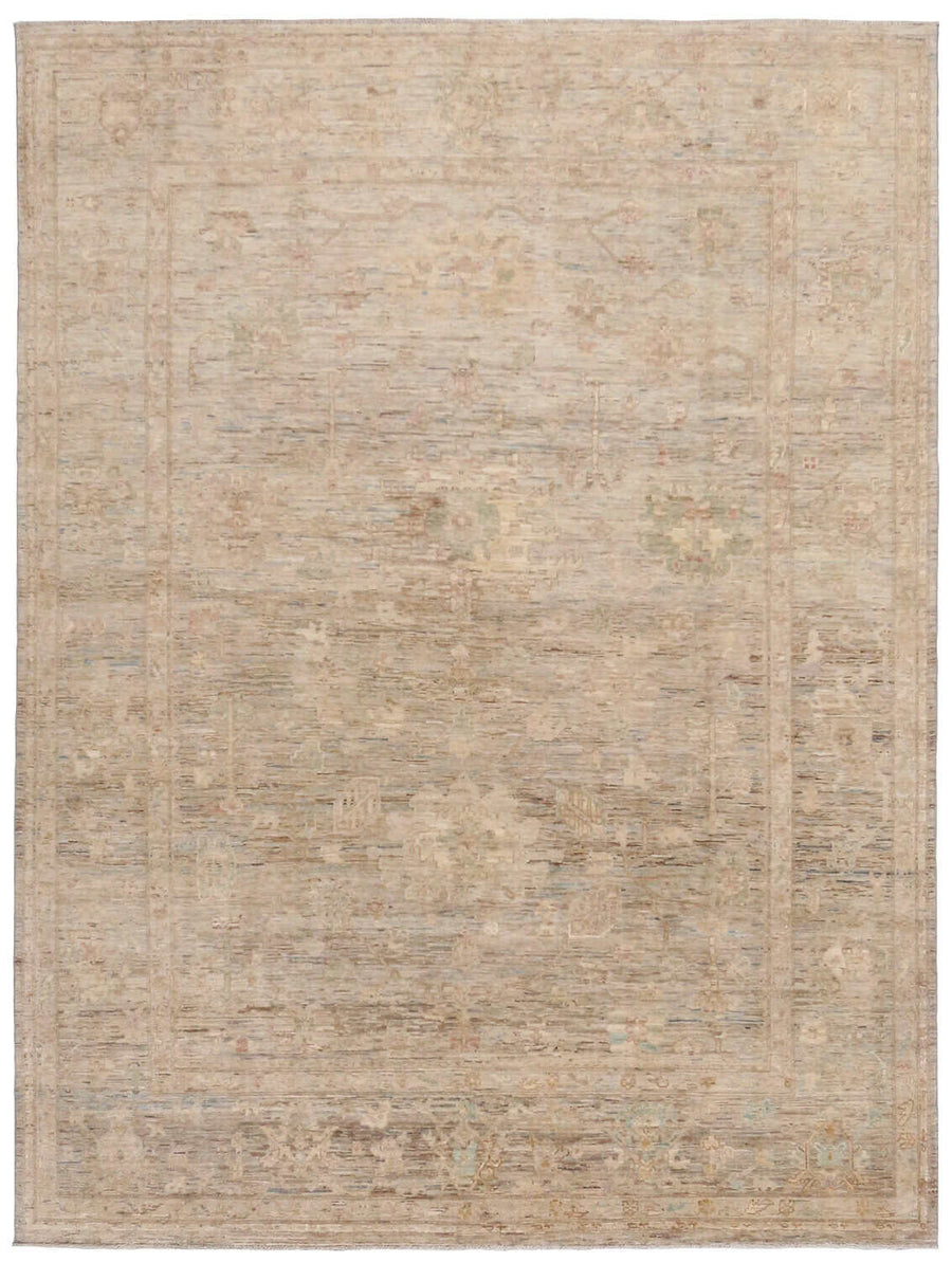 Sand Afghan Wool Rug with Fine Motifs, 332 × 254 cm, overall view.