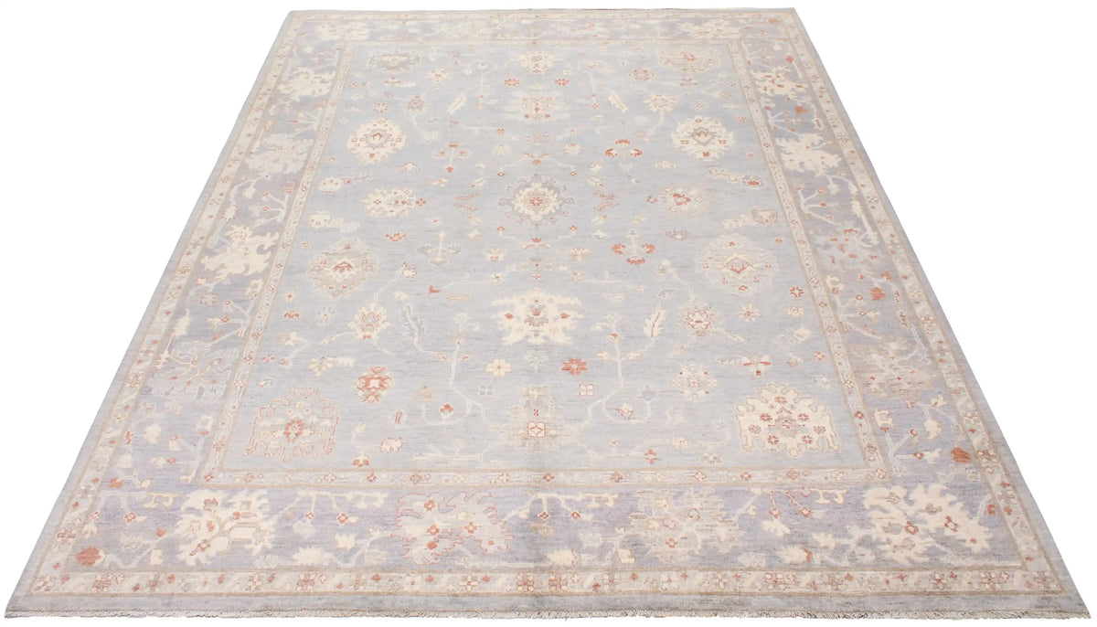 Gray & Cream Oushak Rug with Floral Border, 388 × 304 cm, view 2.