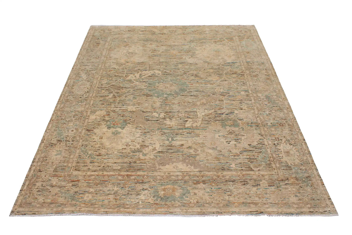 Greige Afghan Rug with Floral Border, 290 × 250 cm, view 2.