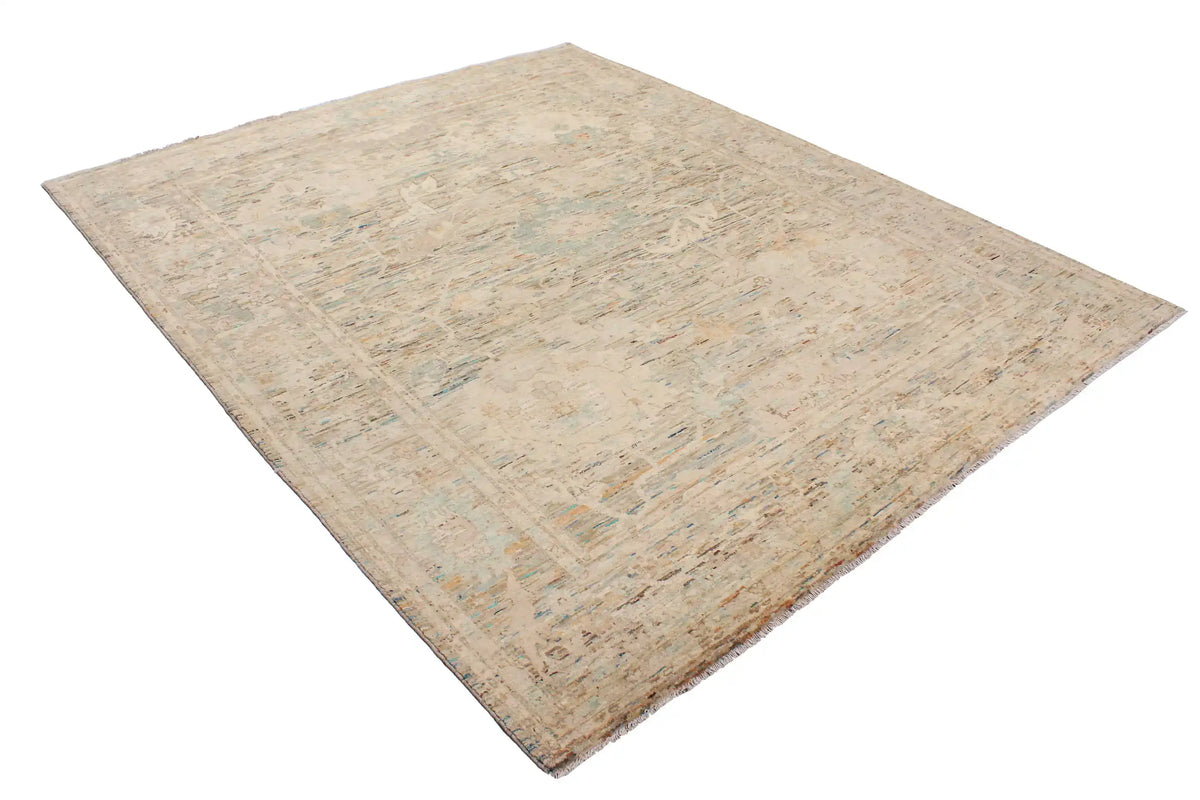 Greige Afghan Rug with Floral Border, 290 × 250 cm, view 3.