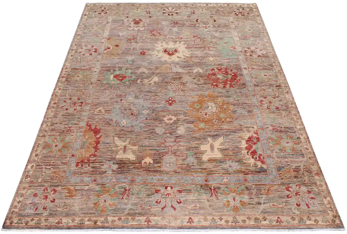 Orientteppich in Rot und Grau mit großen Blüten, 343 × 254 cm – Ansicht 2 des handgeknüpften Wollteppichs
