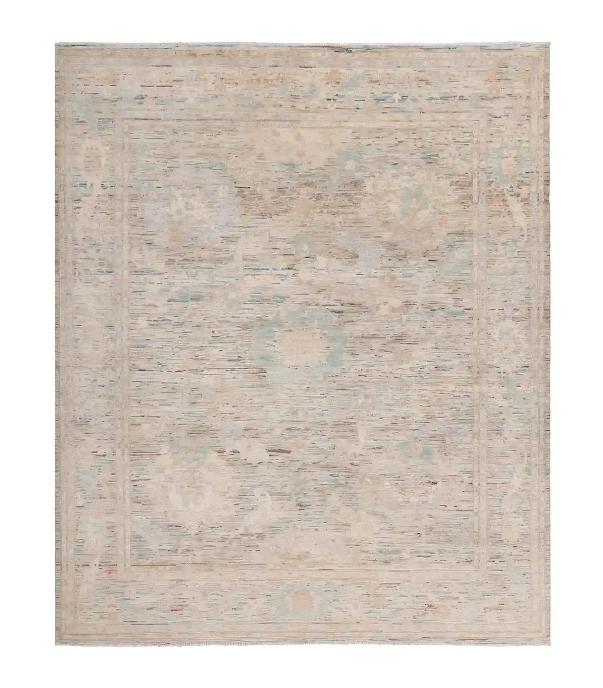 Cremefarbener Orientteppich mit grünen Blüten, 293 × 249 cm – Gesamtansicht