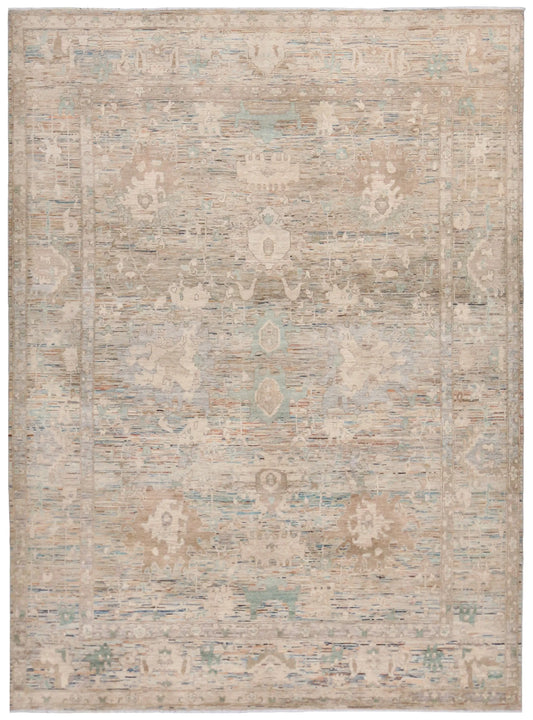 Hellgrauer Wollteppich mit cremefarbenen Rosetten, 355 × 263 cm – Gesamtansicht