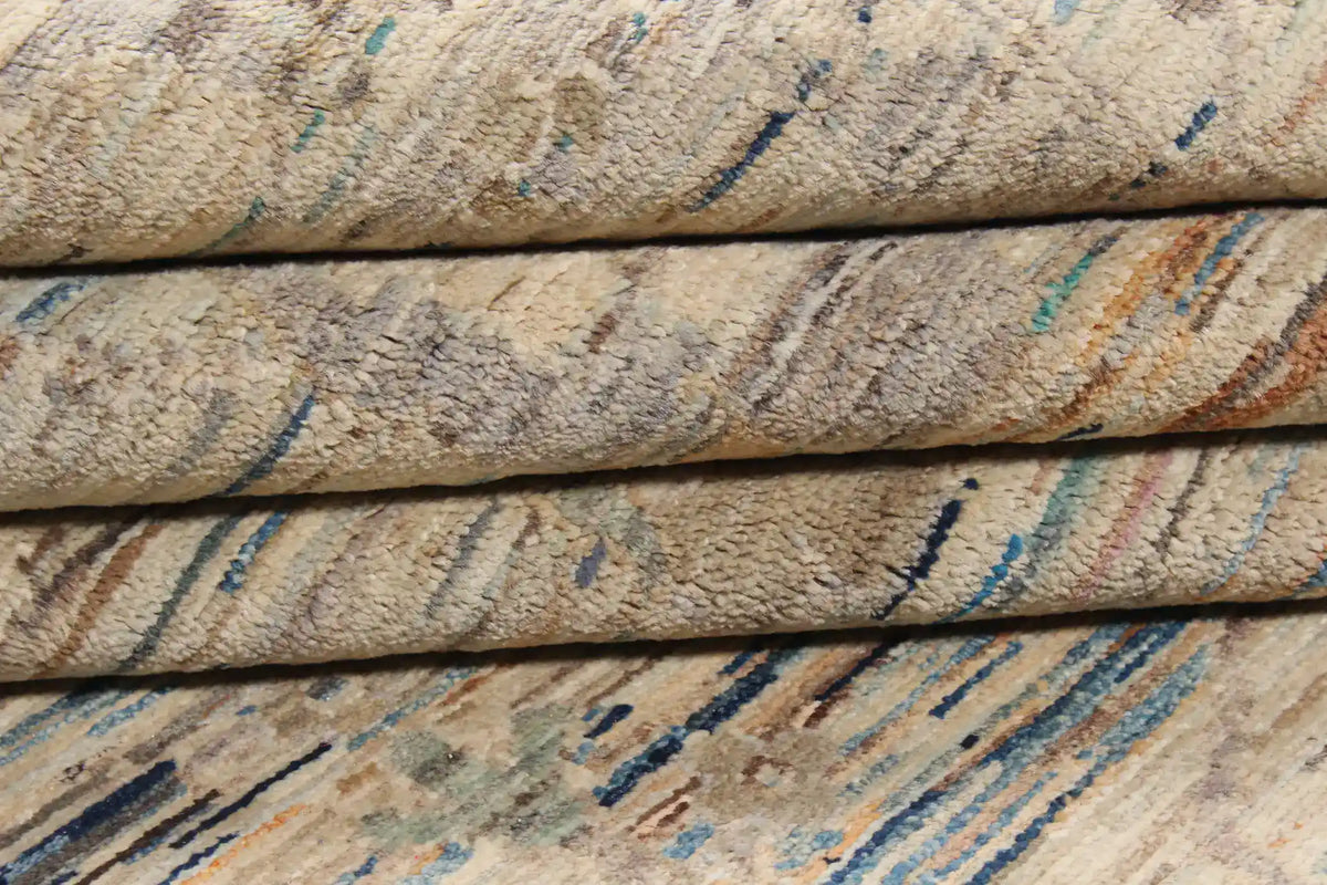 Cream Afghan Rug with Delicate Blue Flowers, 346 × 255 cm, view 7.