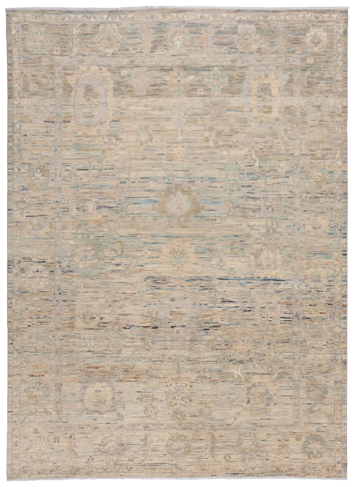 Cream Afghan Rug with Delicate Blue Flowers, 346 × 255 cm, overall view.