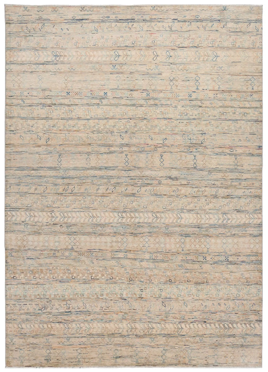 Berjasta-Teppich mit geometrischen Reihen in Creme und Blau, 348 × 253 cm – Gesamtansicht