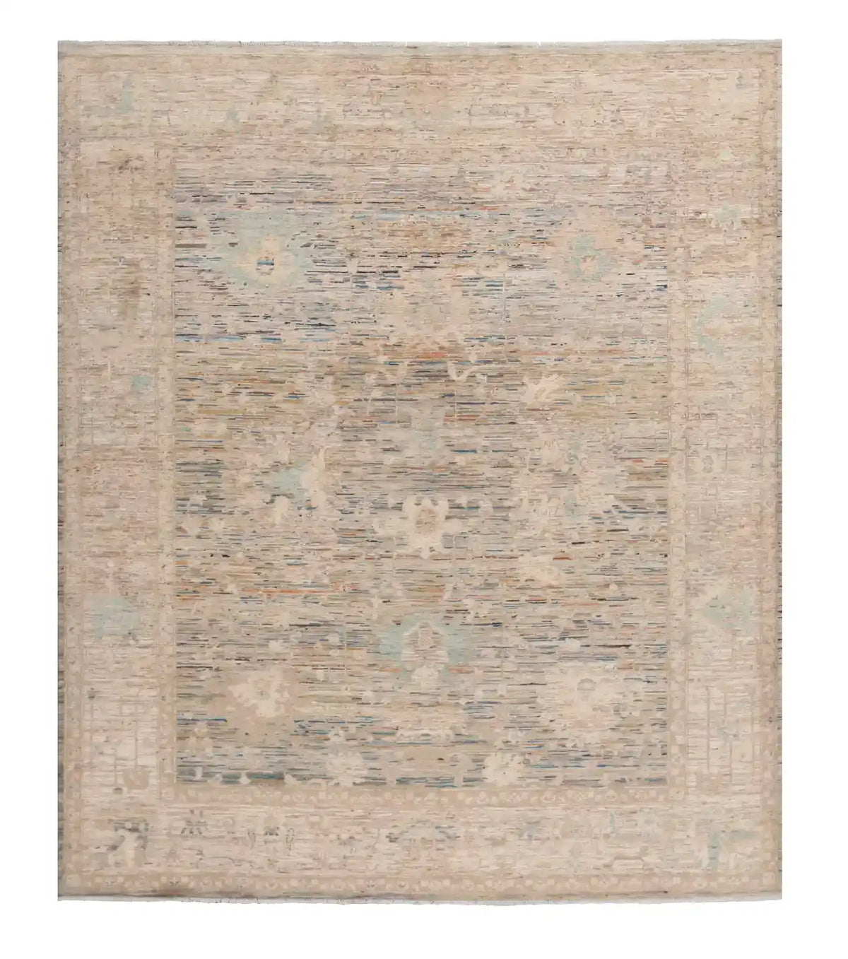Cremefarbener Orientteppich mit blauer Blütenbordüre, 288 × 250 cm – Gesamtansicht