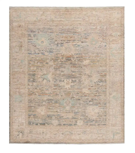 Cremefarbener Orientteppich mit blauer Blütenbordüre, 288 × 250 cm – Gesamtansicht