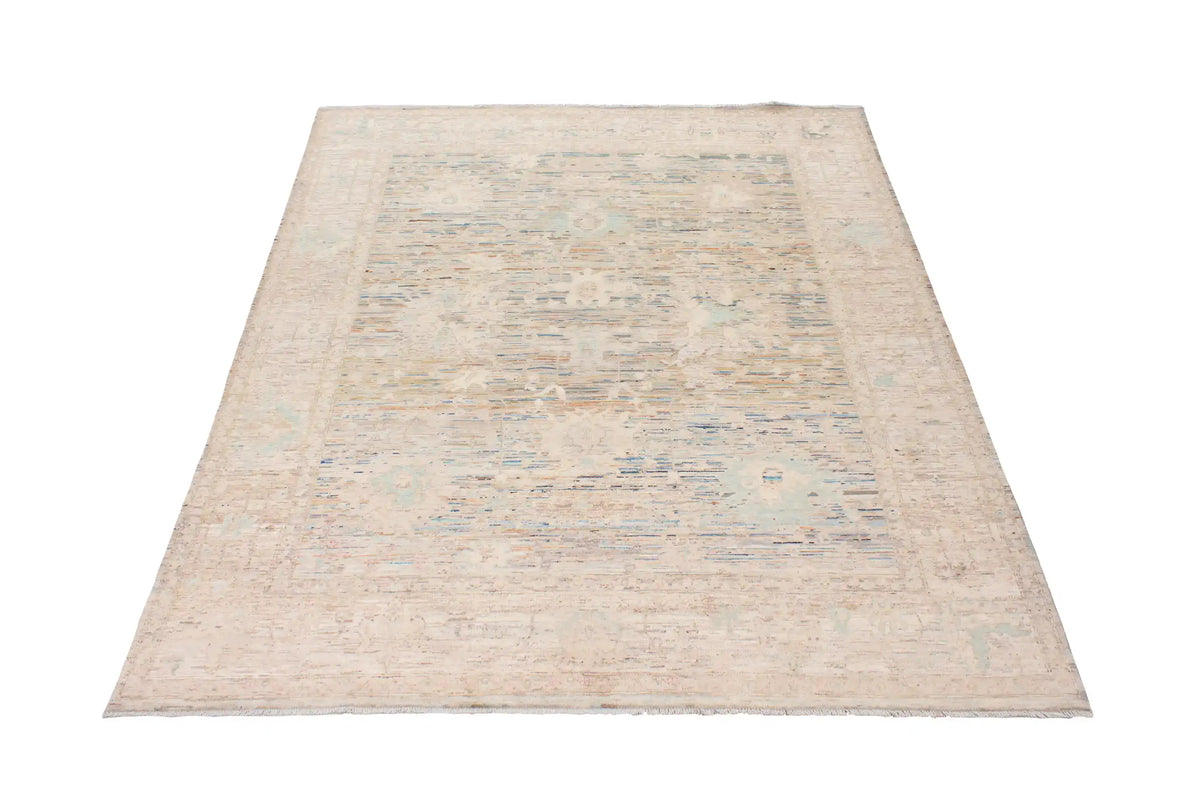 Cremefarbener Orientteppich mit blauer Blütenbordüre, 288 × 250 cm – Ansicht 2 des handgeknüpften Wollteppichs