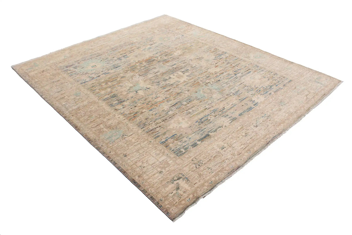 Cremefarbener Orientteppich mit blauer Blütenbordüre, 288 × 250 cm – Ansicht 3 des handgeknüpften Wollteppichs