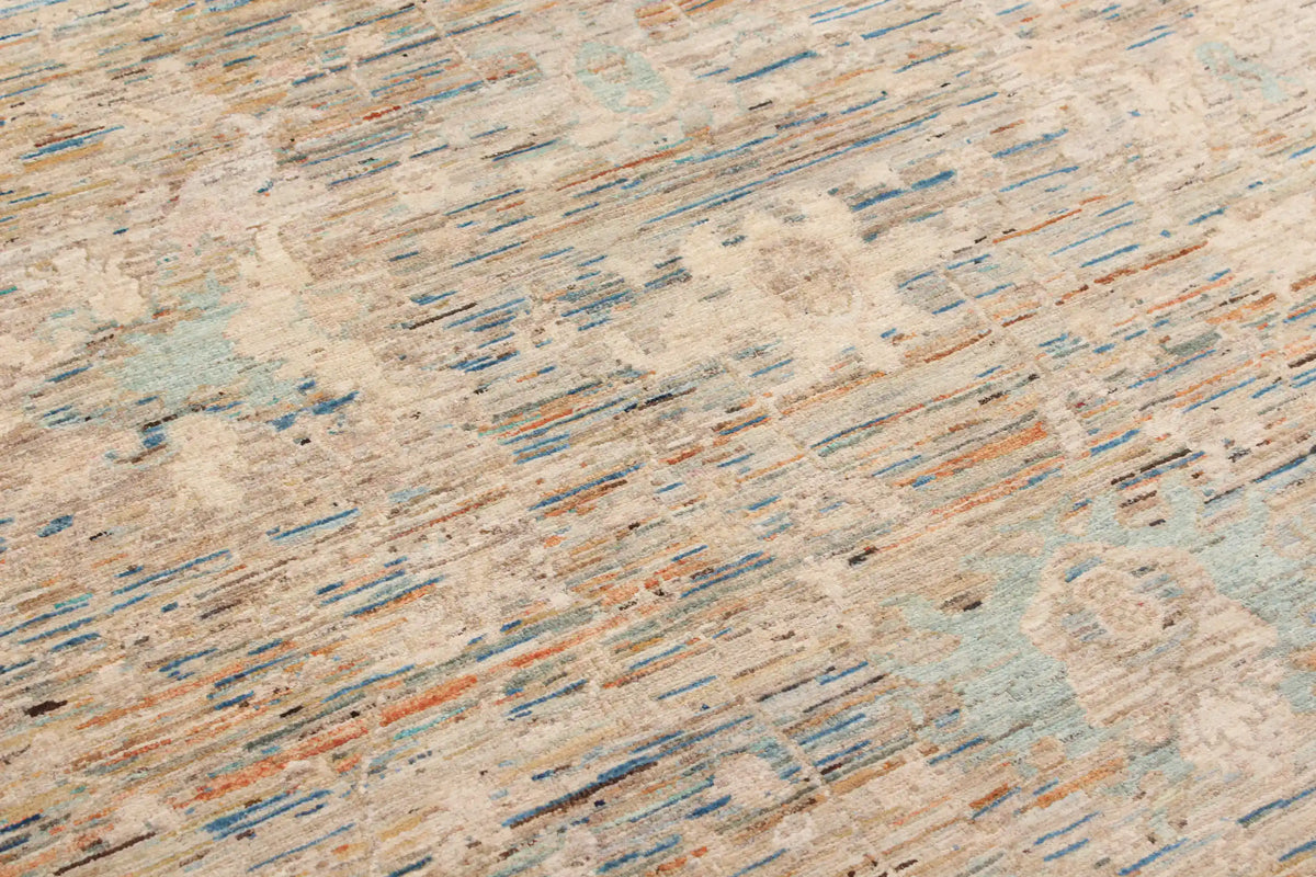Cremefarbener Orientteppich mit blauer Blütenbordüre, 288 × 250 cm – Ansicht 4 des handgeknüpften Wollteppichs