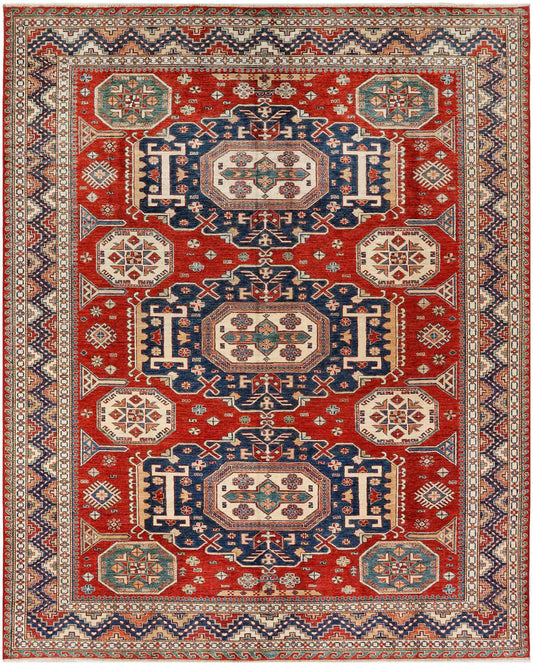 Super-Kazak-Teppich in Rot mit drei blauen Medaillons, 310 × 248 cm – Gesamtansicht des handgeknüpften Wollteppichs