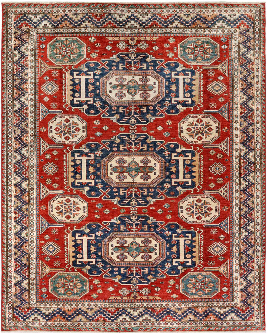 Red Super Kazak Rug with Blue Medallions, 310 × 248 cm, overall view.