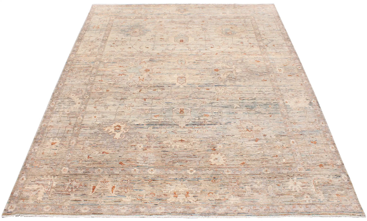Cremefarbener Orientteppich mit feinen blauen Ornamenten, 390 × 297 cm – Ansicht 2 des handgeknüpften Wollteppichs