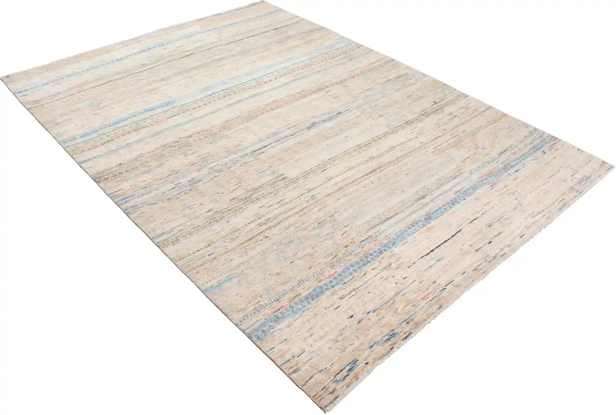 Cremefarbener Berjasta-Teppich mit blauen Querlinien, 360 × 260 cm – Ansicht 2 des handgeknüpften Wollteppichs