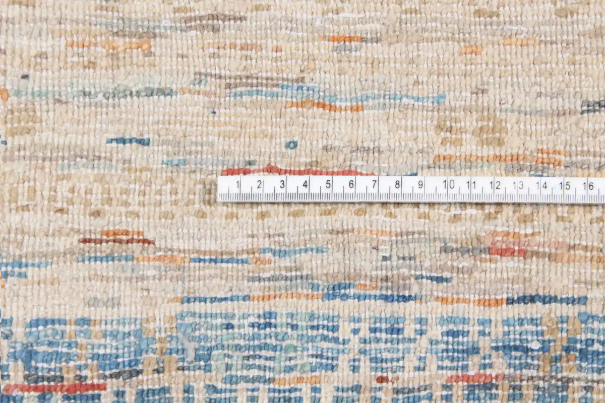 Cremefarbener Berjasta-Teppich mit blauen Querlinien, 360 × 260 cm – Ansicht 3 des handgeknüpften Wollteppichs