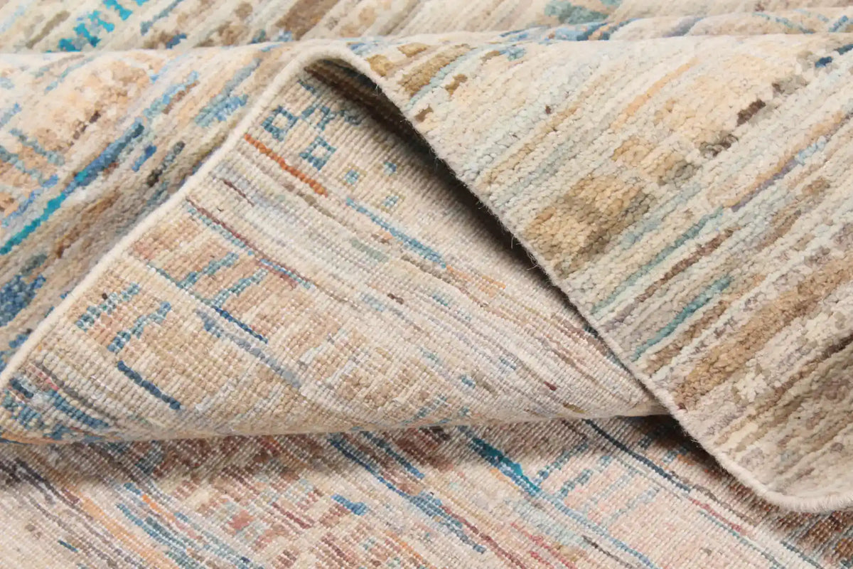 Cremefarbener Berjasta-Teppich mit blauen Querlinien, 360 × 260 cm – Ansicht 5 des handgeknüpften Wollteppichs
