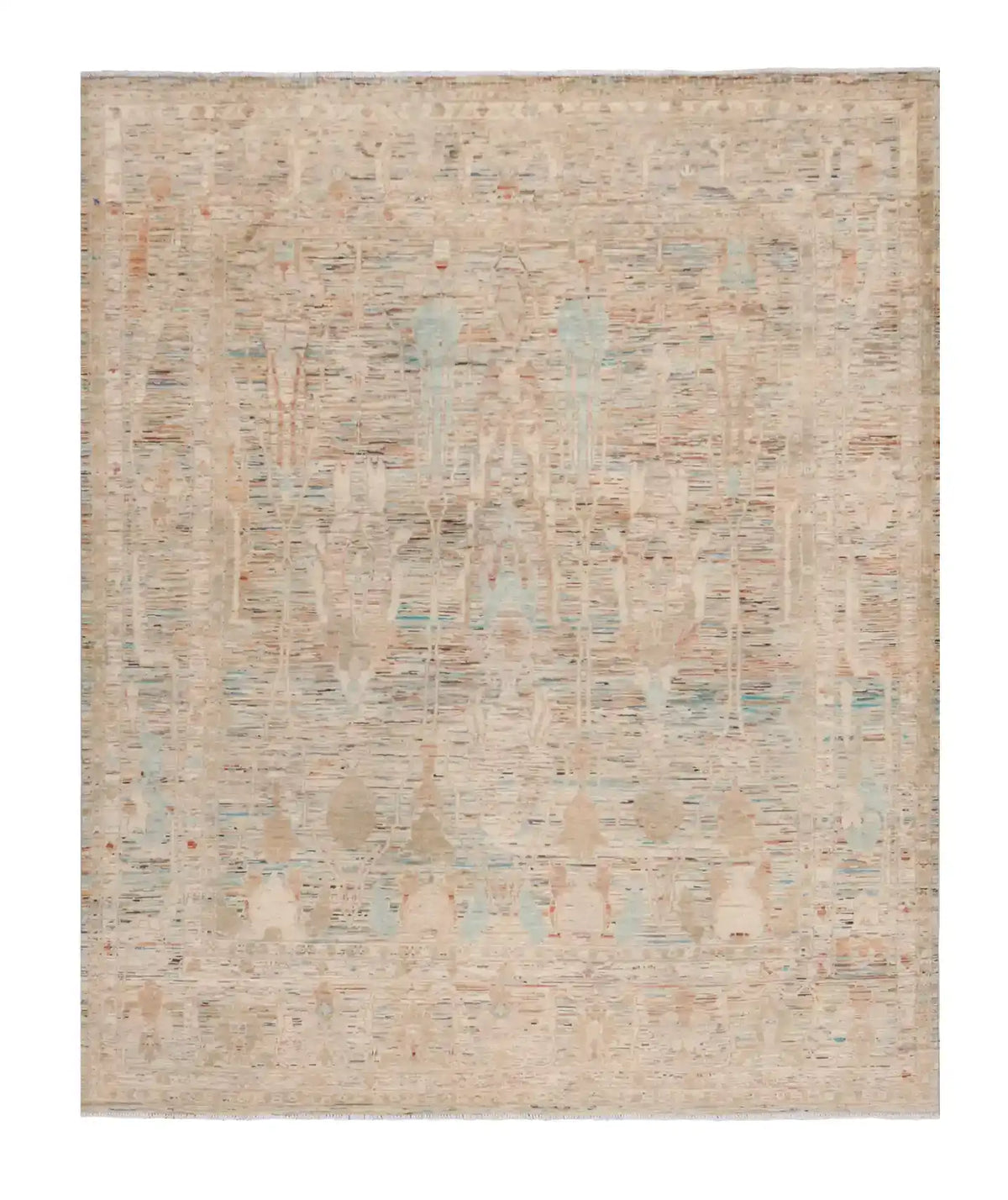 Beige Afghan Rug with Green Floral Detail, 298 × 254 cm, overall view.