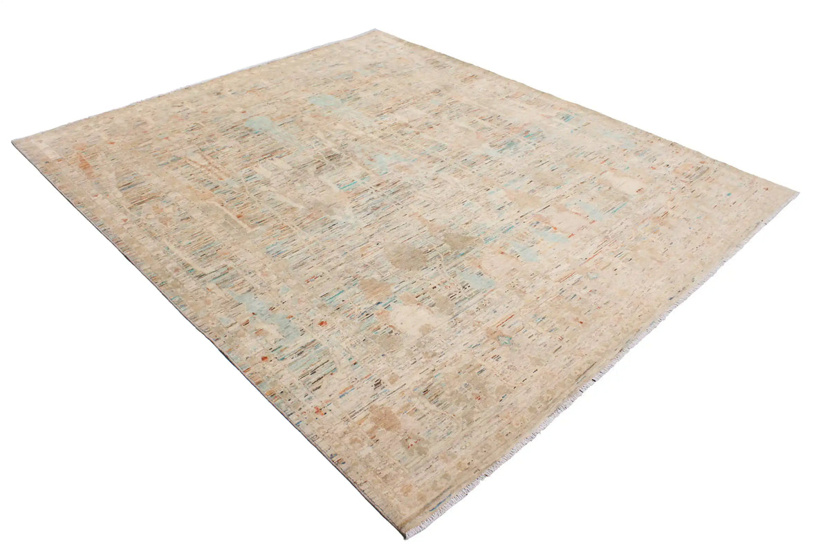 Beige Afghan Rug with Green Floral Detail, 298 × 254 cm, view 3.