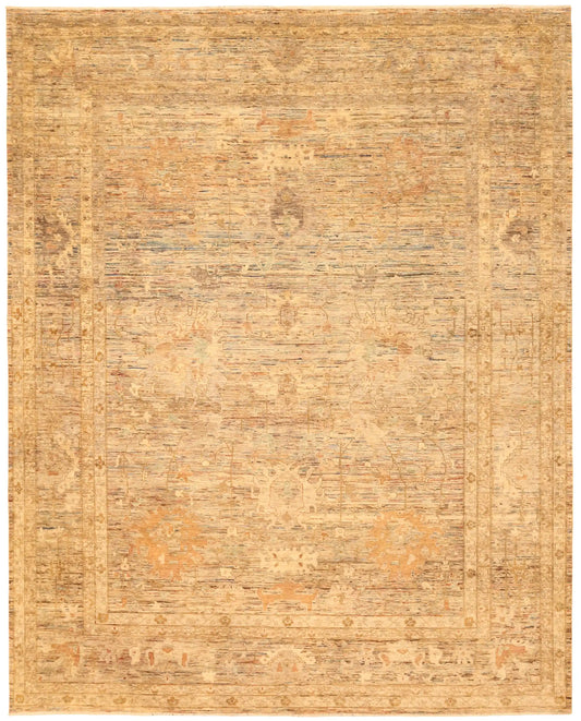 Goldbeiger Orientteppich mit abstrakten Blüten, 367 × 304 cm – Gesamtansicht