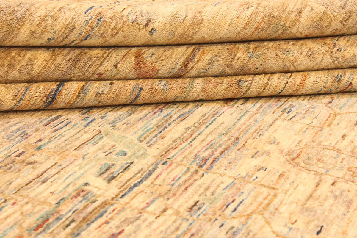 Golden Beige Afghan Rug with Abstract Floral Motifs, 367 × 304 cm, view 8.