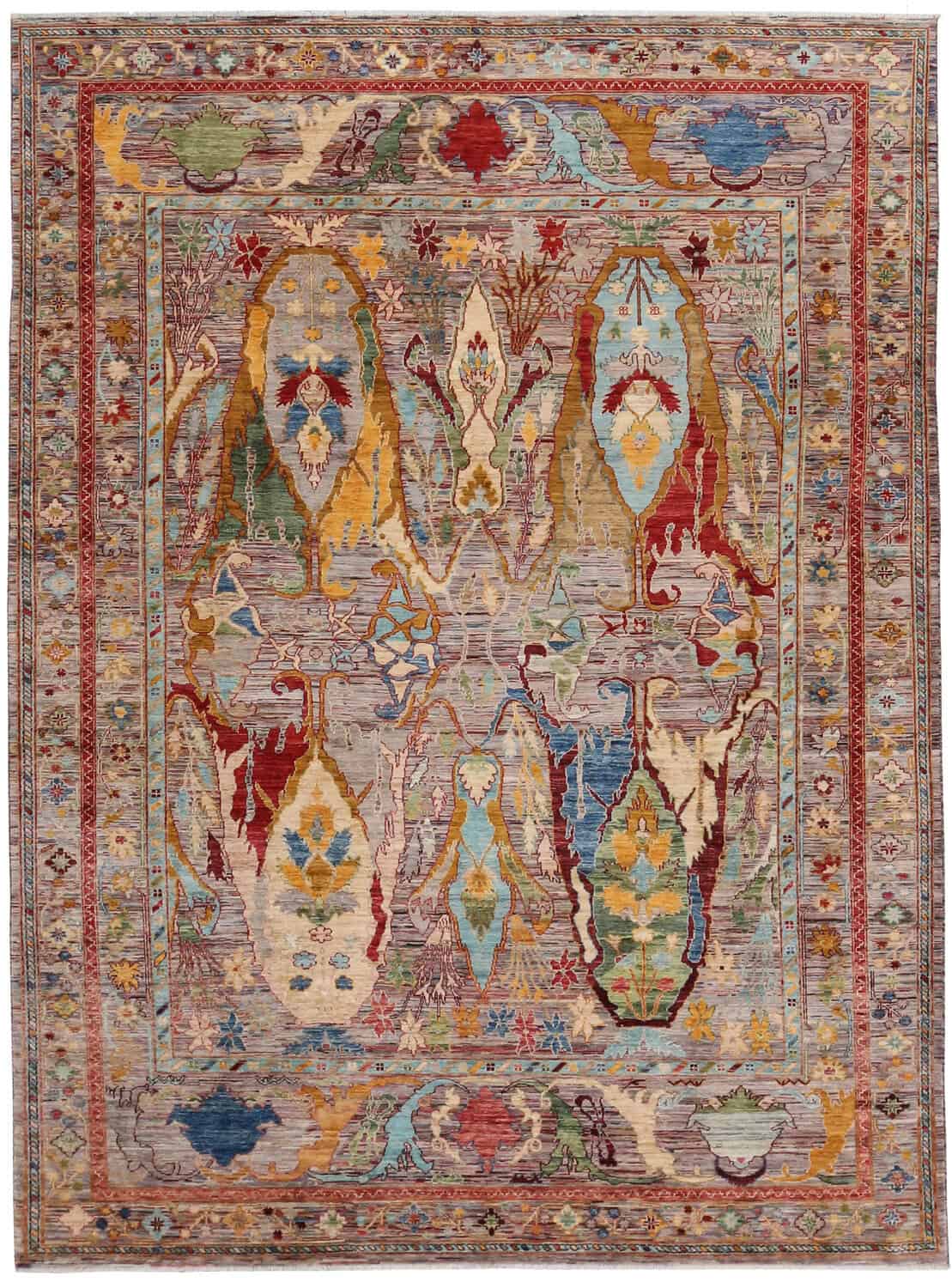 Bunter Orientteppich mit großen goldgelben Blattmotiven, 356 × 243 cm – Gesamtansicht des handgeknüpften Wollteppichs