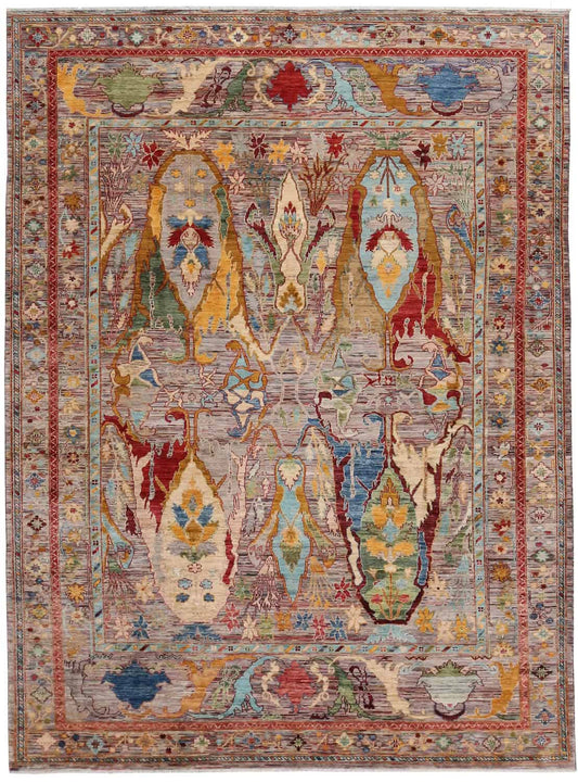 Bunter Orientteppich mit großen goldgelben Blattmotiven, 356 × 243 cm – Gesamtansicht des handgeknüpften Wollteppichs