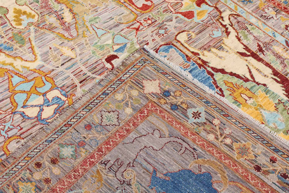 Bunter Orientteppich mit großen goldgelben Blattmotiven, 356 × 243 cm – weitere Ansicht 5
