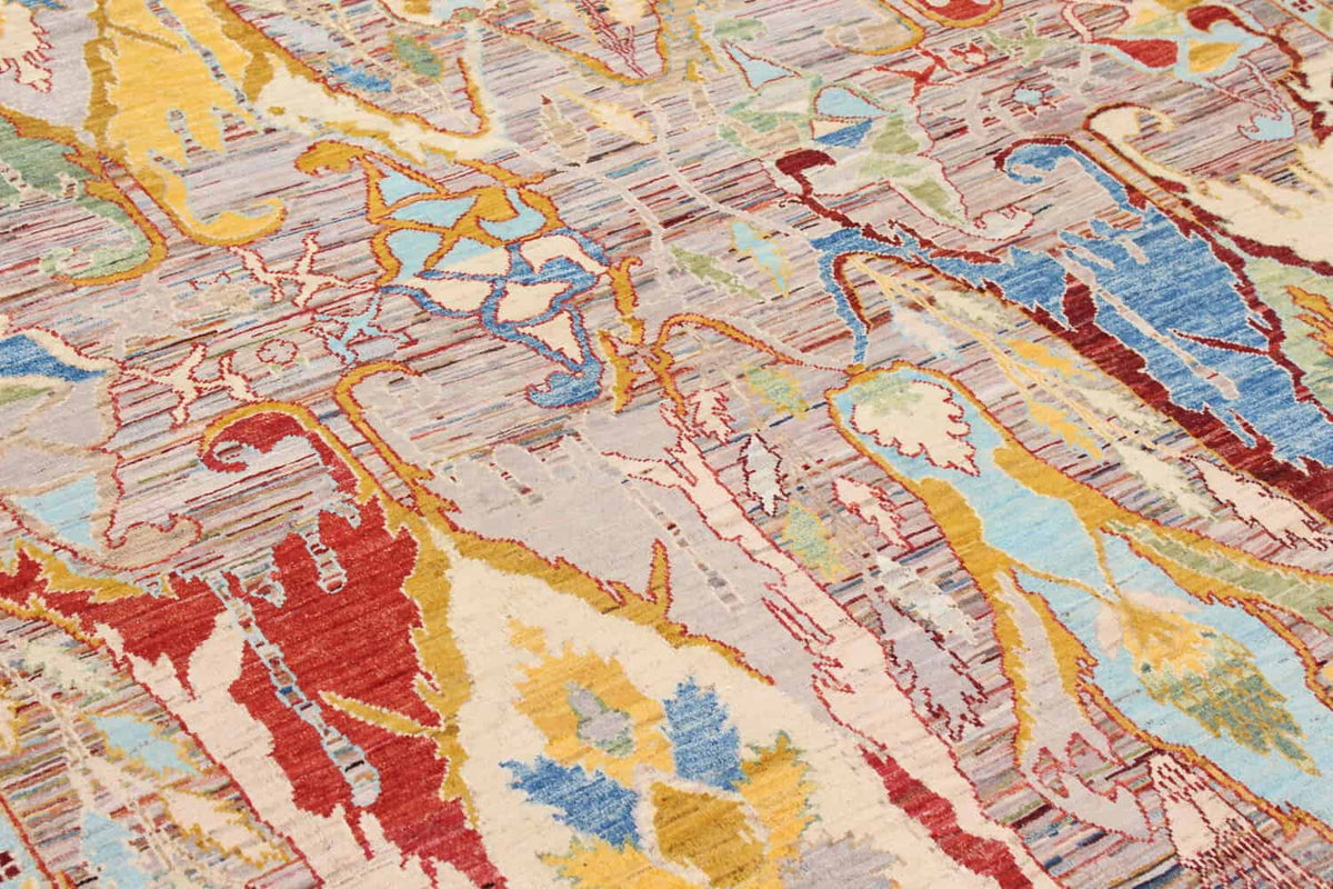 Bunter Orientteppich mit großen goldgelben Blattmotiven, 356 × 243 cm – weitere Ansicht 6