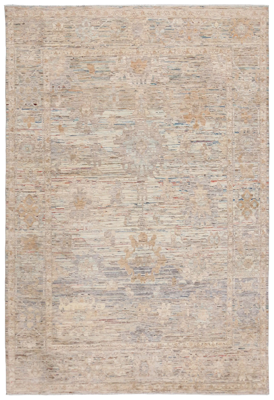 Cream & Gold Afghan Rug with Blue Accents, 366 × 252 cm, overall view.