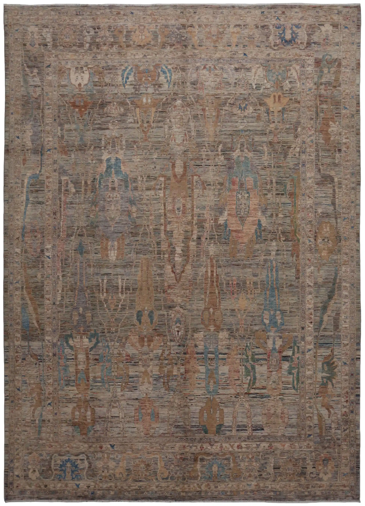 Gray-Brown Afghan Rug with Long Leaf Motifs, 398 × 296 cm, overall view.