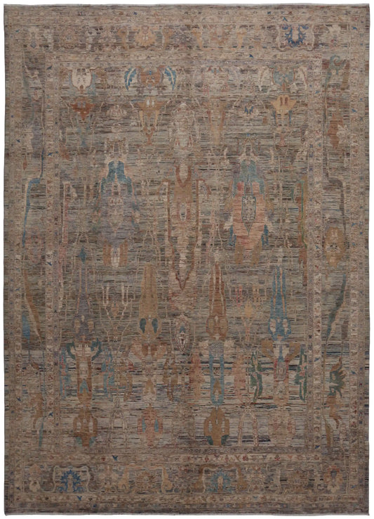 Graubrauner Orientteppich mit langen Blattmotiven, 398 × 296 cm – Gesamtansicht