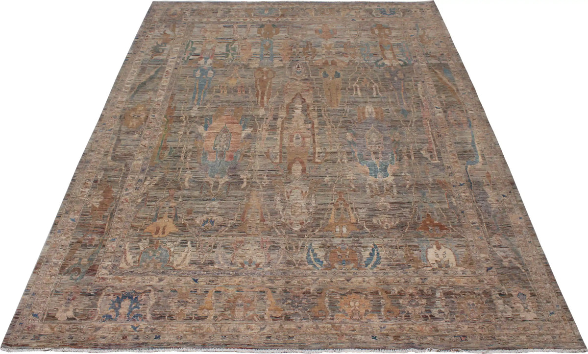 Gray-Brown Afghan Rug with Long Leaf Motifs, 398 × 296 cm, view 2.