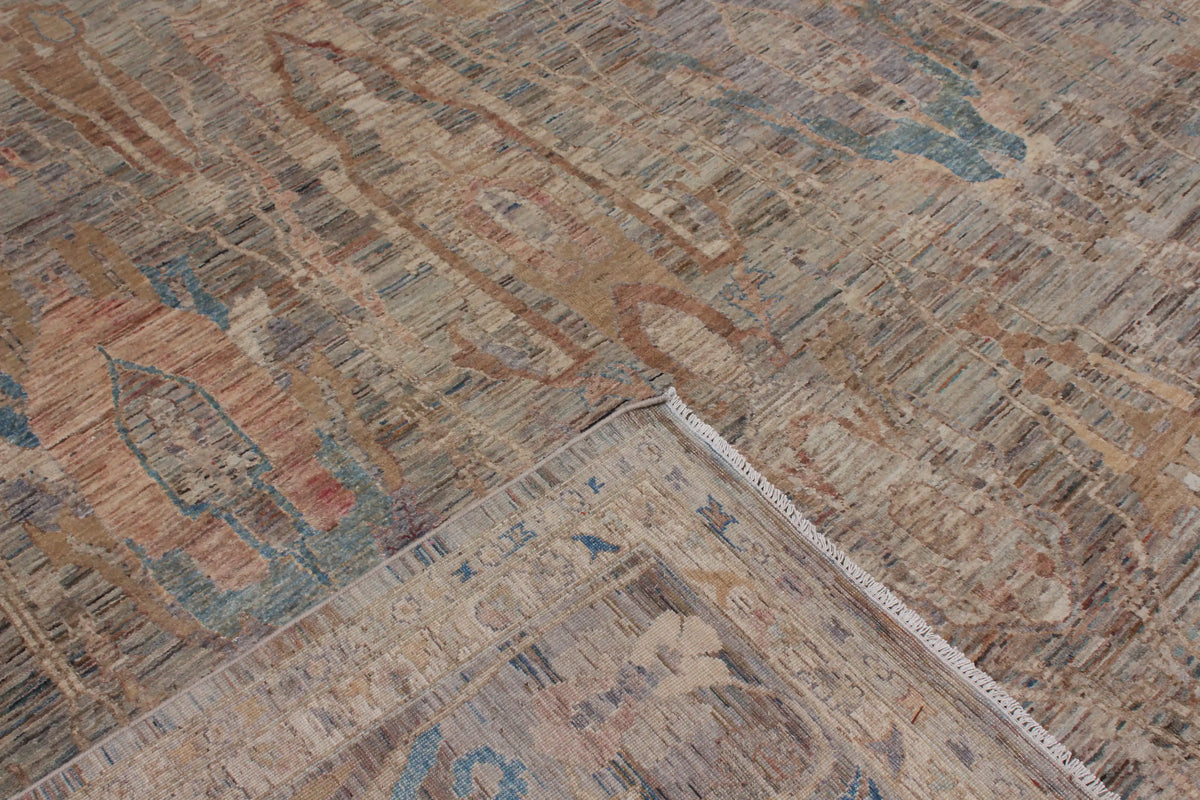 Gray-Brown Afghan Rug with Long Leaf Motifs, 398 × 296 cm, view 8.