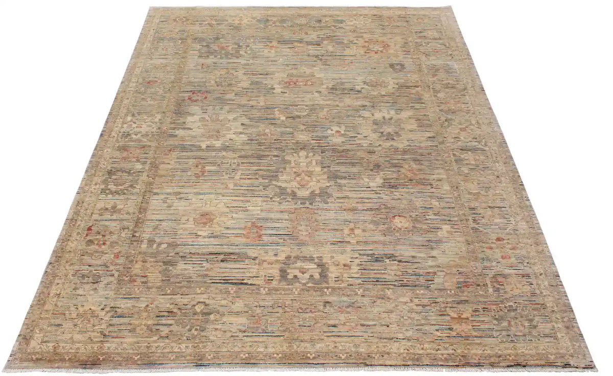 Beige Afghan Rug with Sage Green Floral Motifs, 354 × 274 cm, view 2.