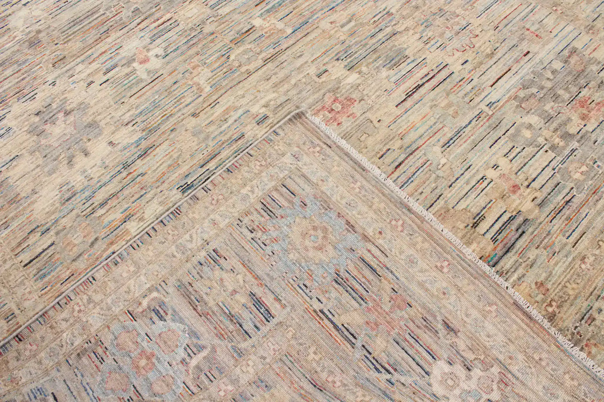 Beige Afghan Rug with Sage Green Floral Motifs, 354 × 274 cm, view 5.