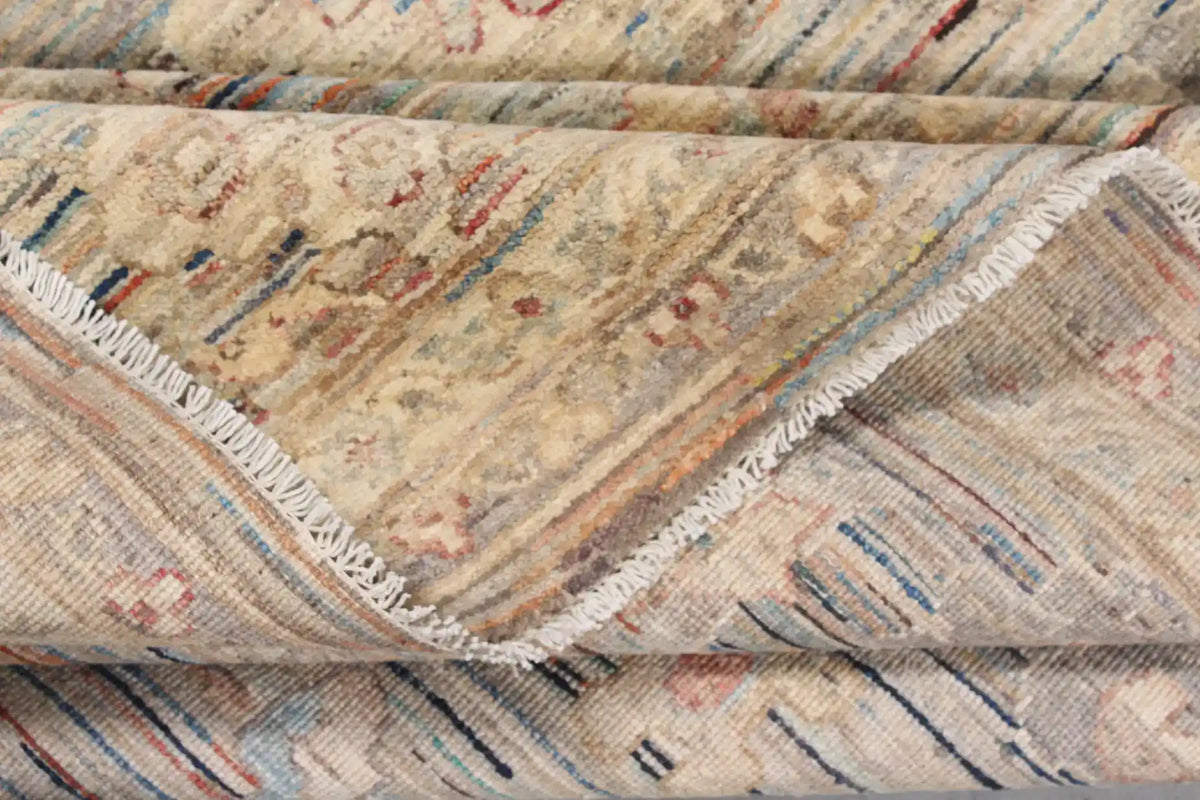 Beige Afghan Rug with Sage Green Floral Motifs, 354 × 274 cm, view 8.