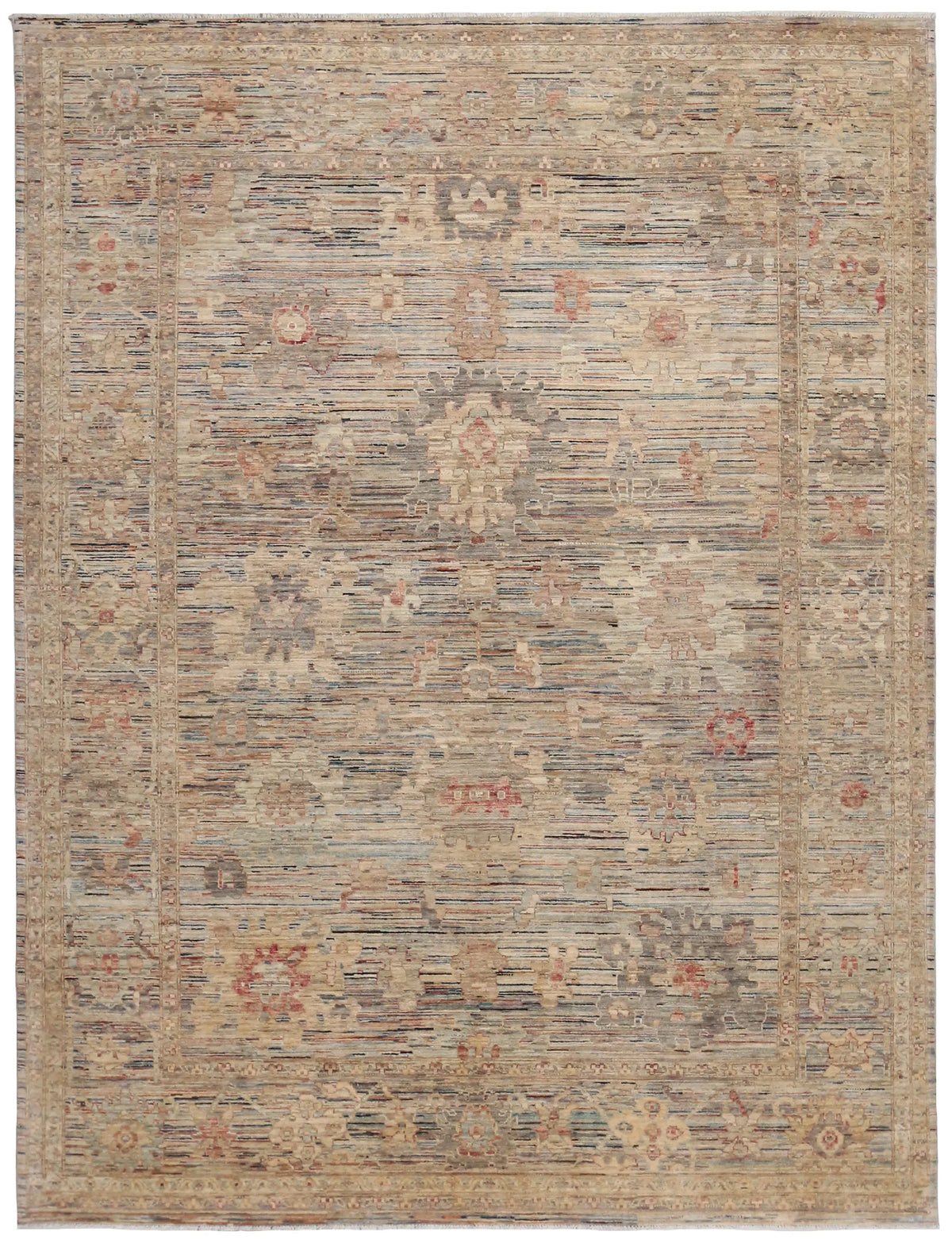 Beige Afghan Rug with Sage Green Floral Motifs, 354 × 274 cm, overall view.
